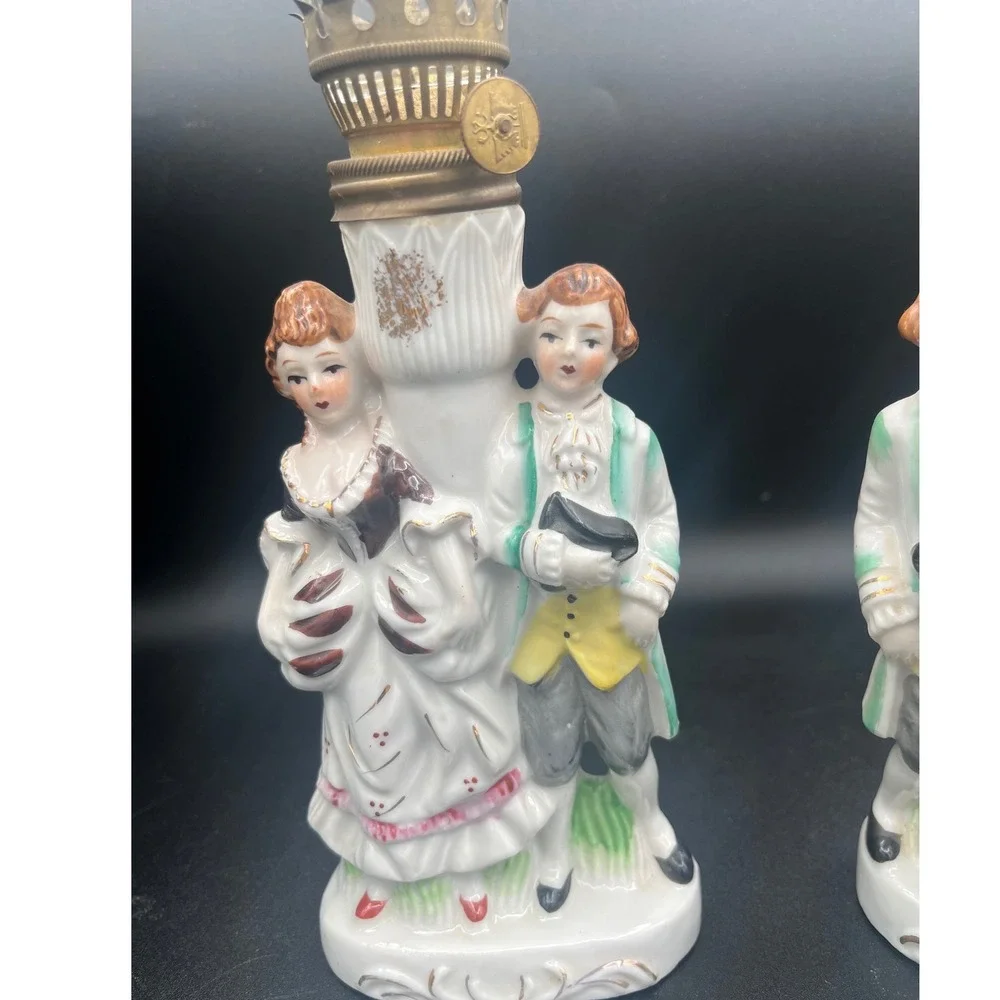 Vintage Pair Japan porcelain oil lamps mid century‎ Mantel Man/Women